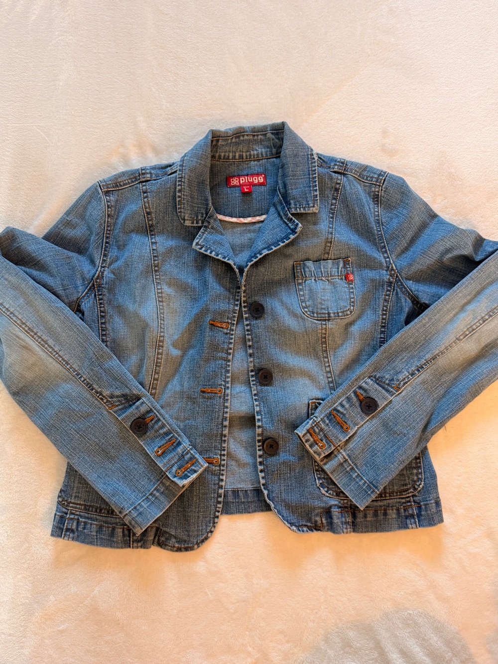 Plugg Denim Jacket Women’s L Blue Utility Pocket Y2K Denim Blazer